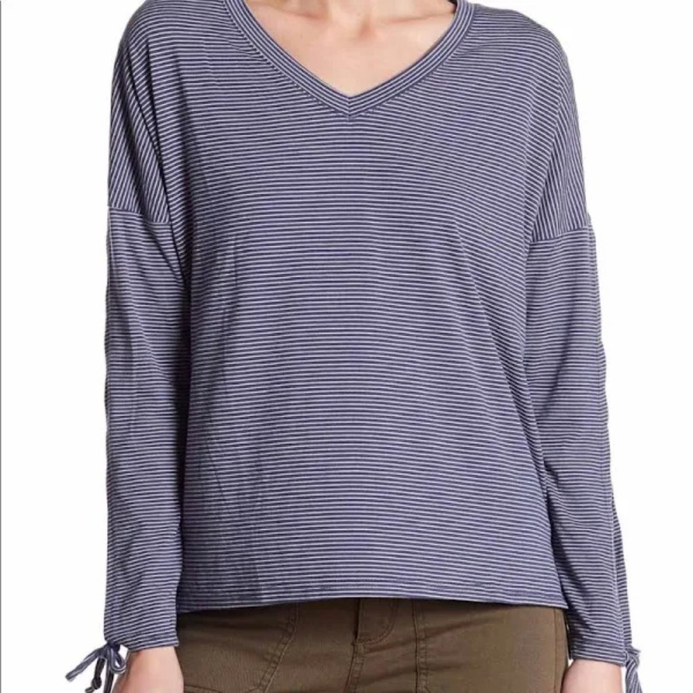 Thyme + Honey Blue/White Striped V-Neck Shirt with Open Sleeves